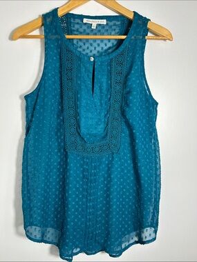 Daniel Rainn Teal Swiss Dot Sleeveless Blouse Lace Trim Tank Top Small